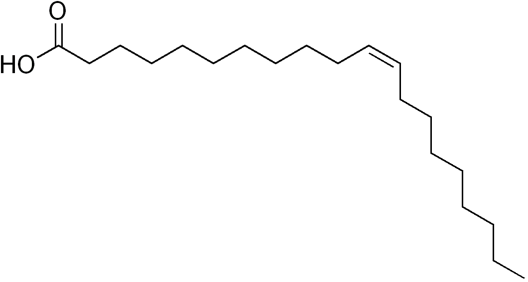 A diagram of gondoic acid, also known as 11-eicosenoic acid.
