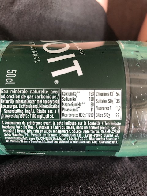 Label from a mineral water bottle showing the minerals in the water