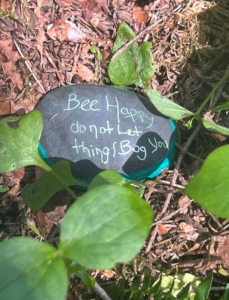 A rock nestled in dirt and forest stuff that someone had written “Bee happy Don’t let things bug you” that I found in Chilliwack Community Forest 