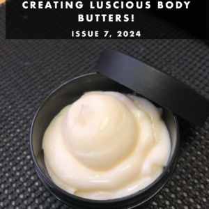 Cover of the e-book, Oh, the weather outside is frightful, part two: Body butters. It shows a slightly orange lotion in a black jar on a black background