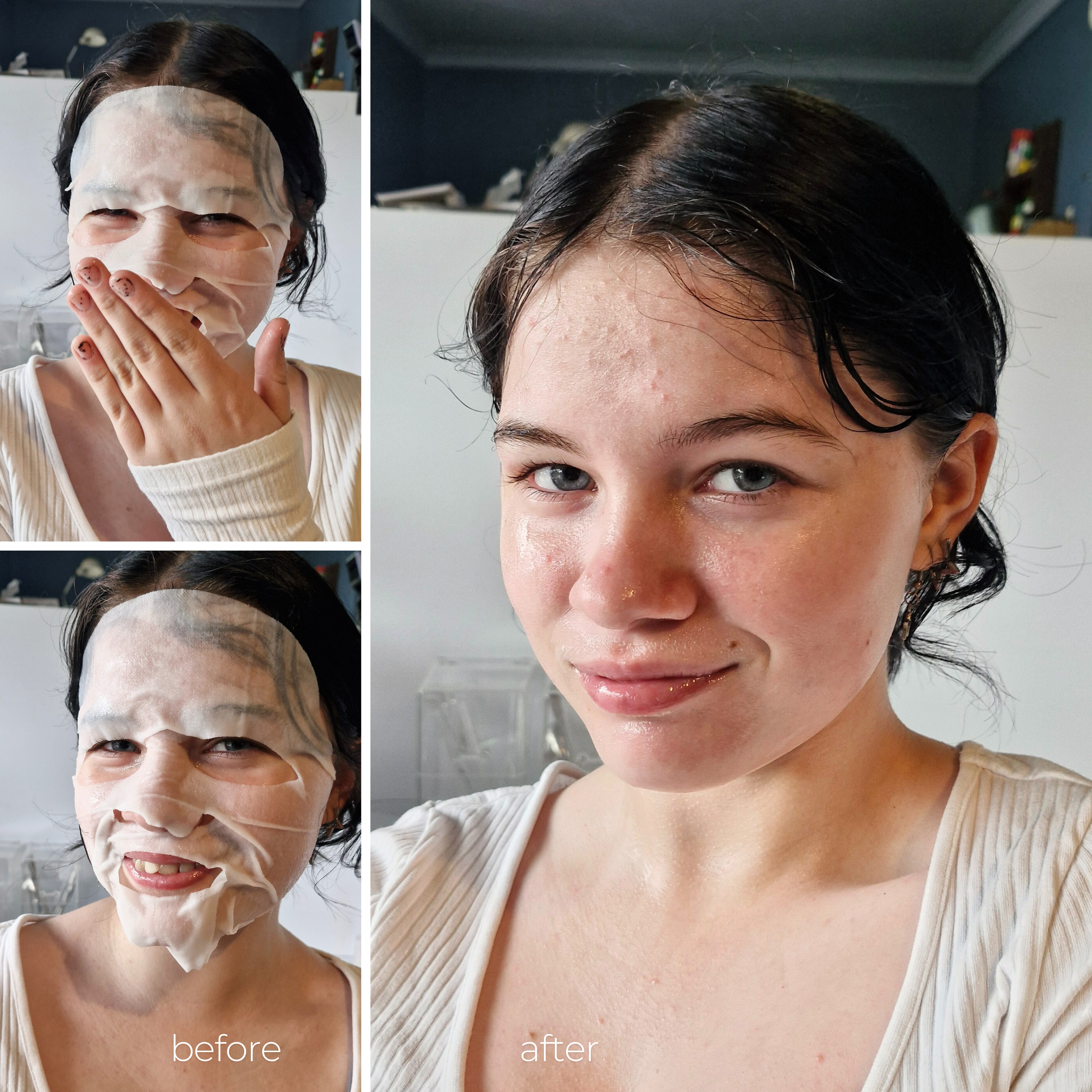 Collage of a teenaged girl wearing a sheet mask. In two, she is wearing the mask. In one, she is demonstrating how well it worked.