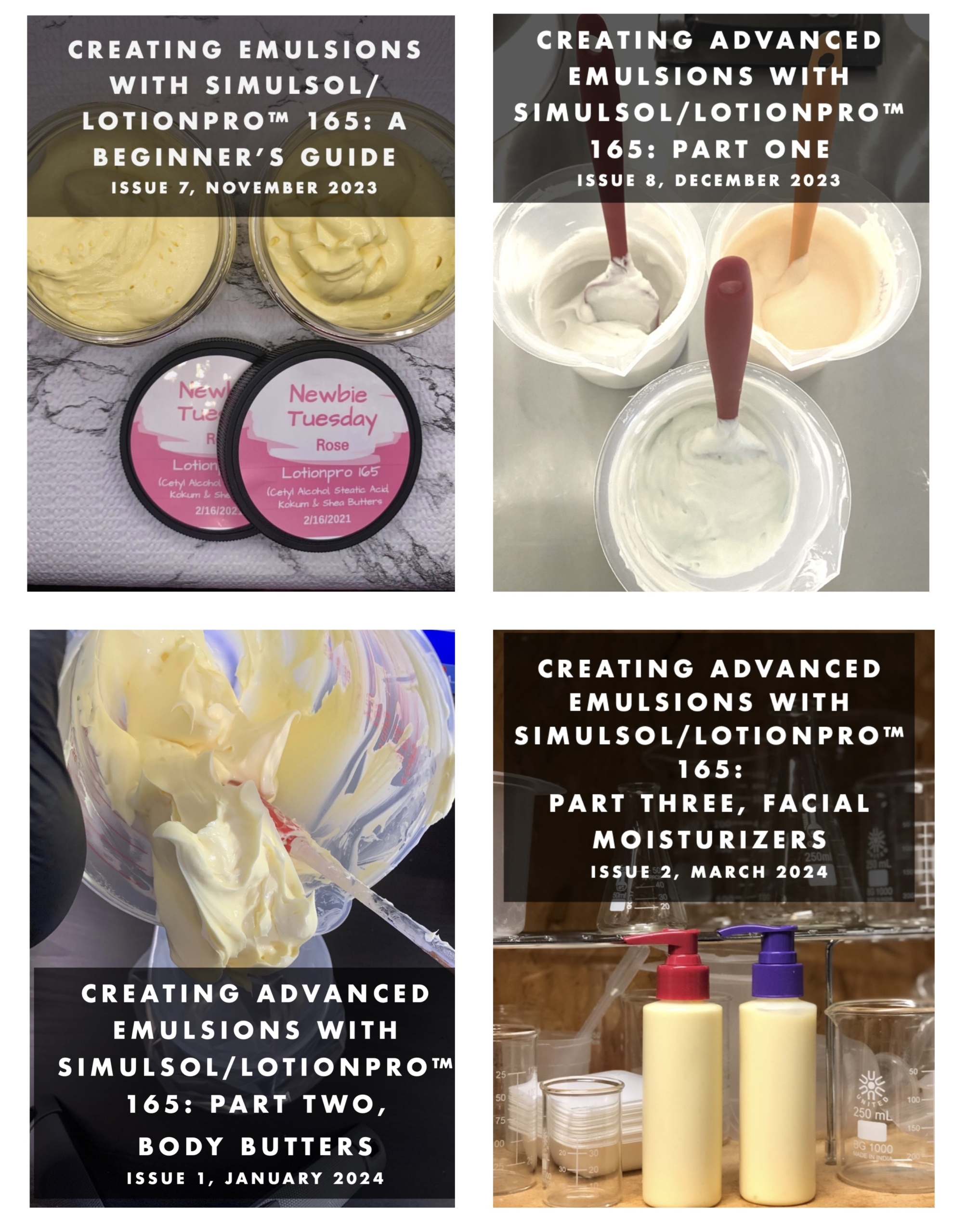 A collage of four e- books on making emulsions with Simulsol/Lotionpro™ 165