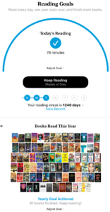 A screen shot from Apple Books showing that I’ve read for 1,250 days in a row and read 81 books in 2024