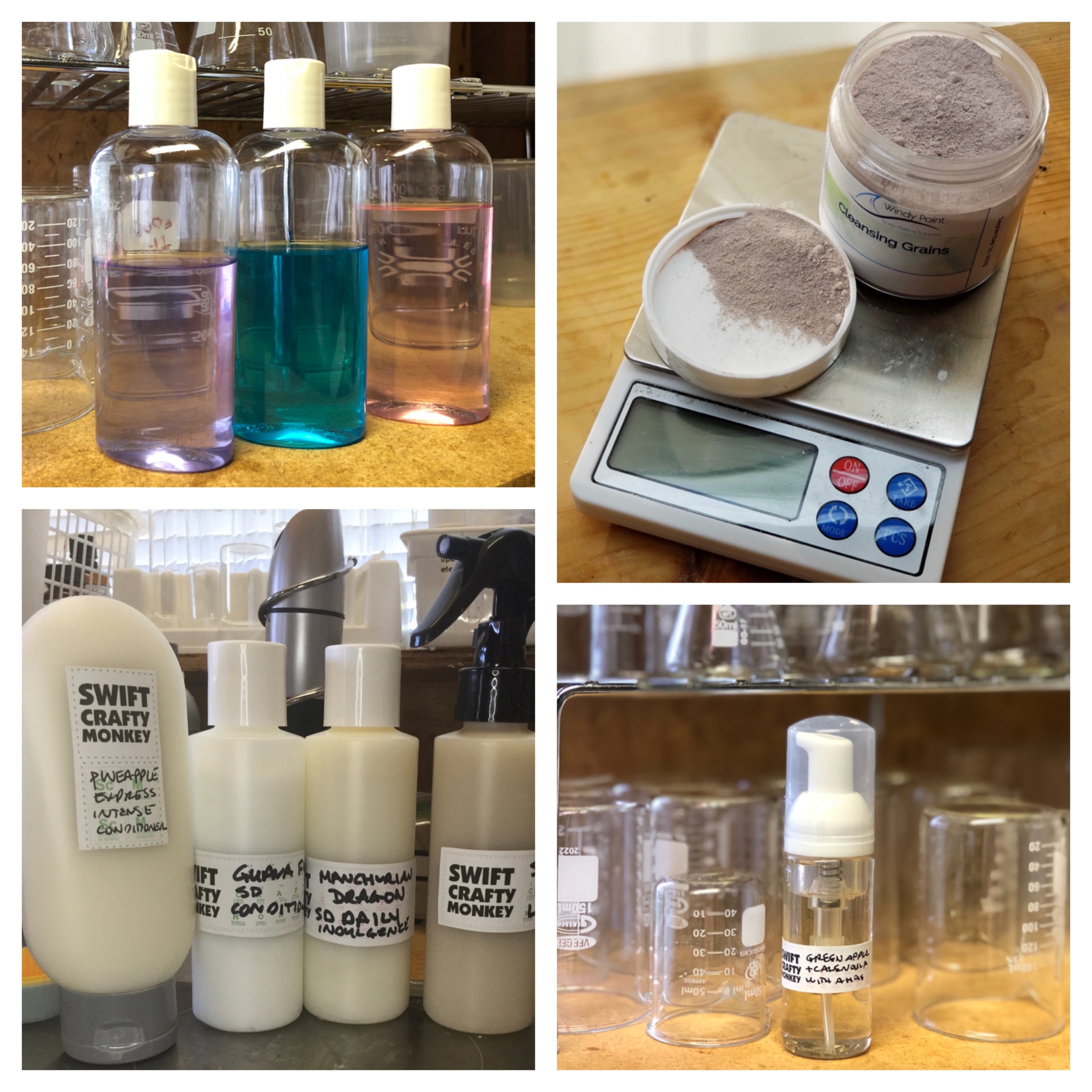 A collage with four photos showing body wash, foaming cleansing grains, an assortment of conditioners, and a foaming facial wash in a foaming bottle
