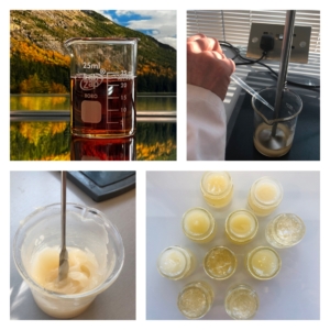 A collage of four photos demonstrating how to make oily gels with Sapogel Q. The upper left shows a beaker with clear brown liquid, the Sapogel. The upper right, a hand using a pipette to add oil to a beaker under an overhead mixer. The lower left the finished thick, yellow, oily gel in a beaker with a spoon. The lower right shows 10 small glass jars with an array of different coloured oily gels, from clear to yellow and opaque. 