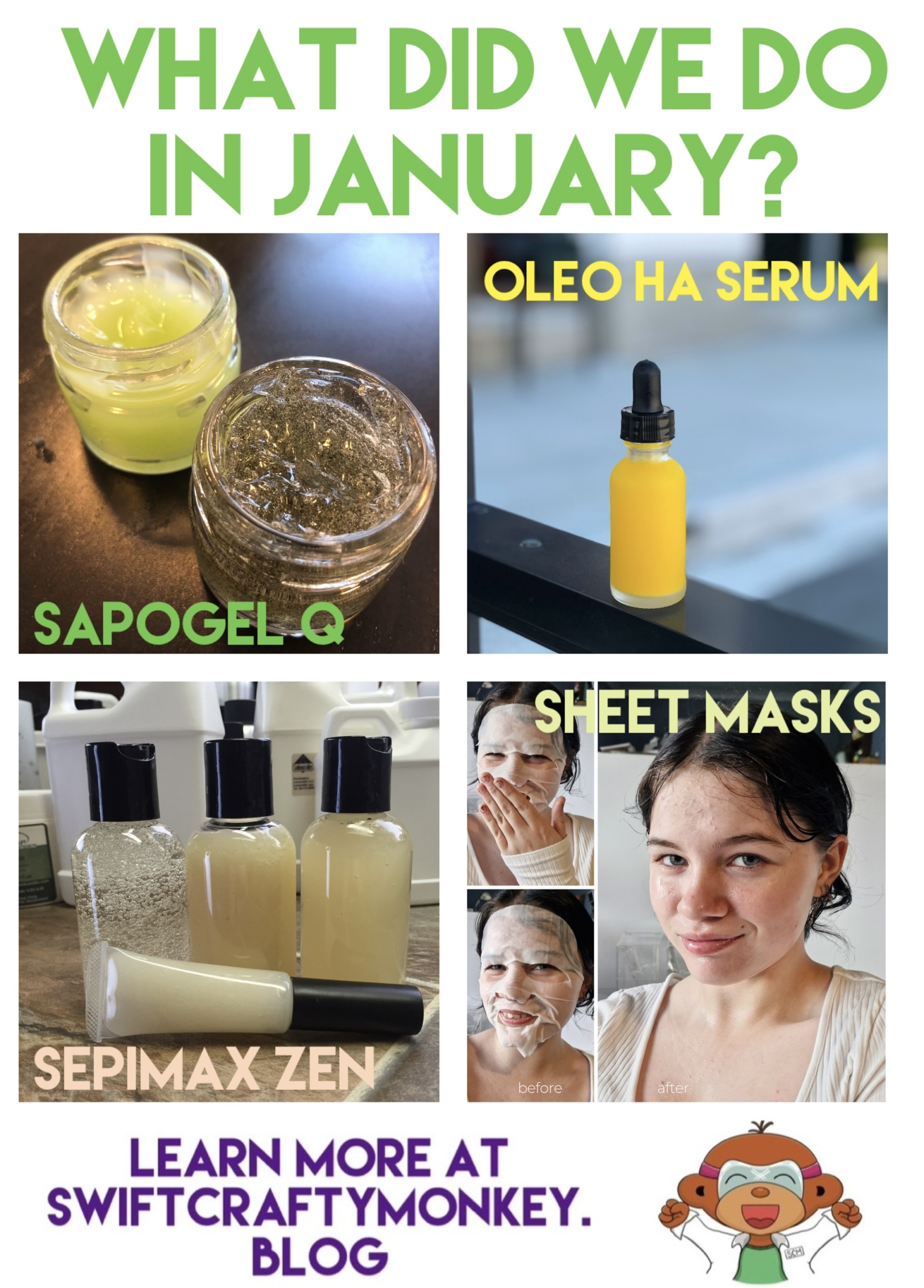 A collage of some things we discussed here on the site in January 2025, like Sapogel Q, facial serum, Sepimax ZEN, and sheet masks!