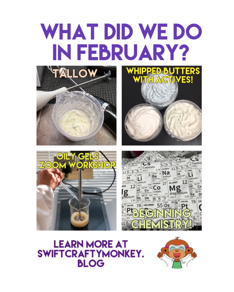 A collage of four photos representing some of the posts I shared on the site. How to use tallow in formulas. How to use actives in anhydrous whipped butters. How to make oily gels. And more on basic chemistry. 