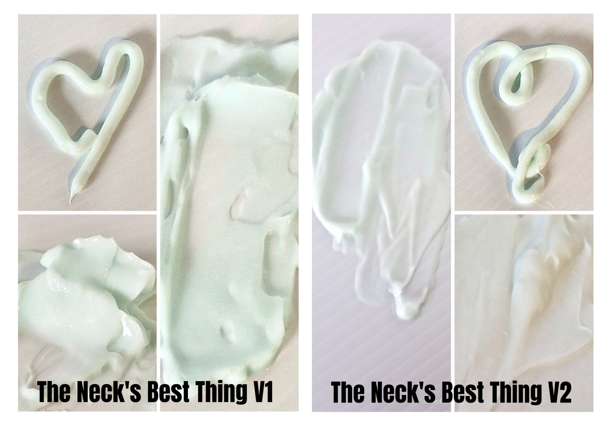 The neck’s best thing collage of two lotions. Version one and version two.