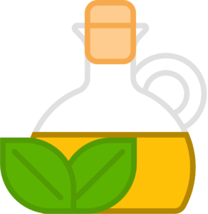 An icon that pictures a glass bottle with yellow liquid (oil) and a stopper with a green leave on the outside to indicate it's natural.