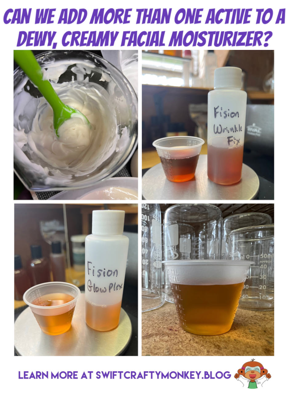 A collage of four photos. The upper left is of a beaker with a creamy moisturizer in it with a green spoon. The upper right is of a bottle with brown liquid and a cup with brown liquid on a metal scale. The liquid is Fision® Wrinkle Fix. The lower left photo is of Fision® Glow Plex, a bottle and a cup with light brown clear liquid sit on a metal plate on a digital scale. The lower right photo is of Fision® Instant Lift, a clear brown liquid in a plastic shot glass sitting on a brown shelf in front of beakers.